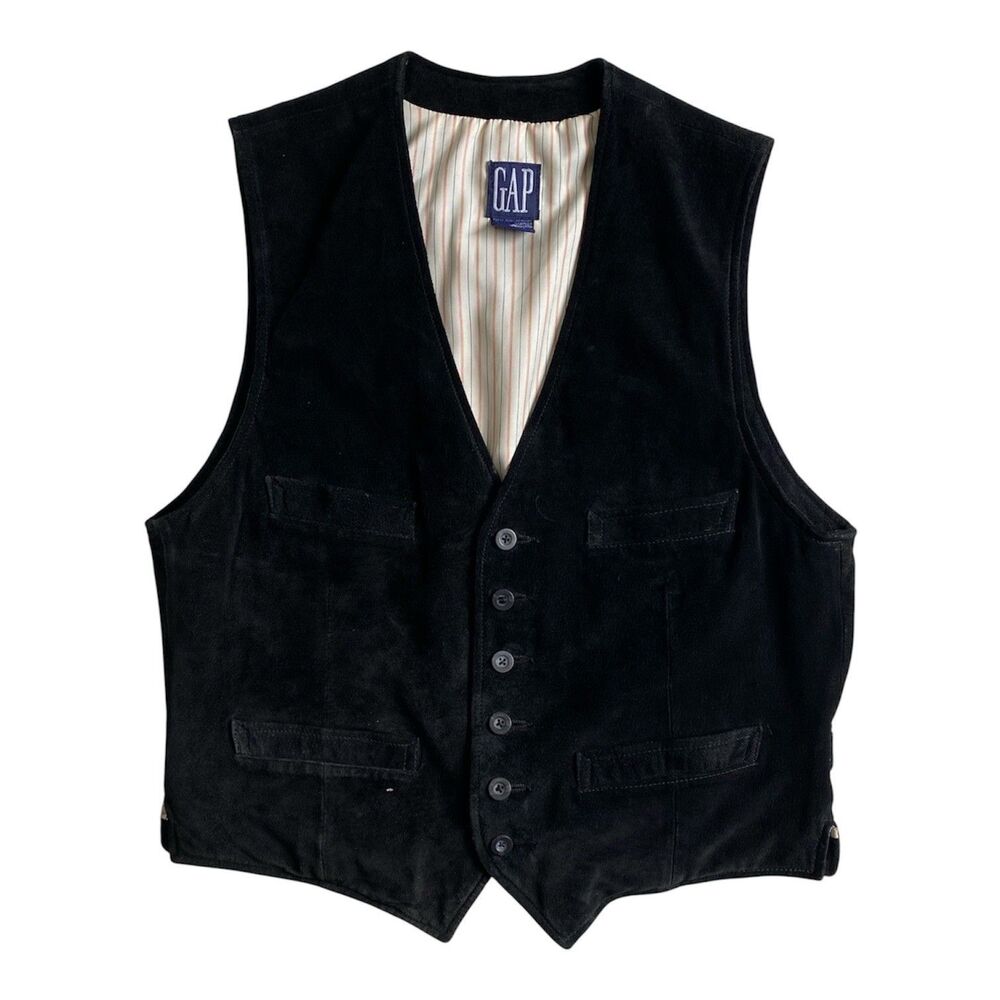 Vintage GAP Black Suede Vest 100% Leather Western Cowboycore Waistcoat Mens M